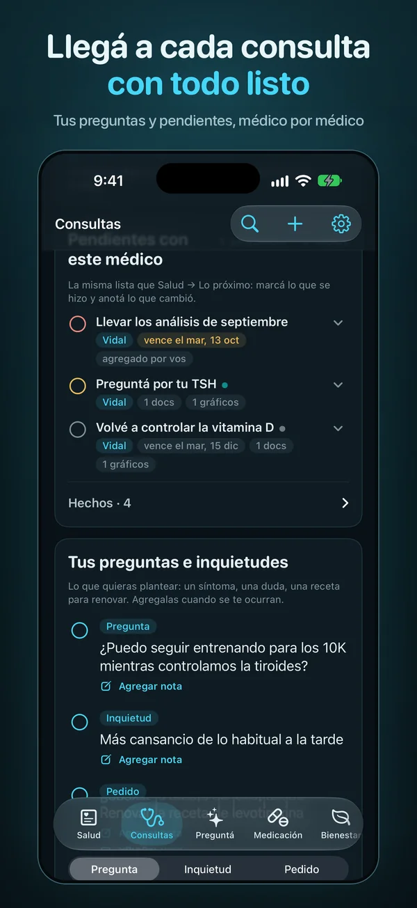 Llegá a cada consulta con todo listo. Tus preguntas y pendientes, médico por médico